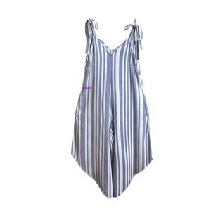 Everlily Women's Jumpsuit Size S White Blue Stripe Wide Leg Linen Blend Comfy‎